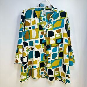 Multiples Size 3x Button Front 3/4 Sleeve Multi-Color Geo Print Blouse